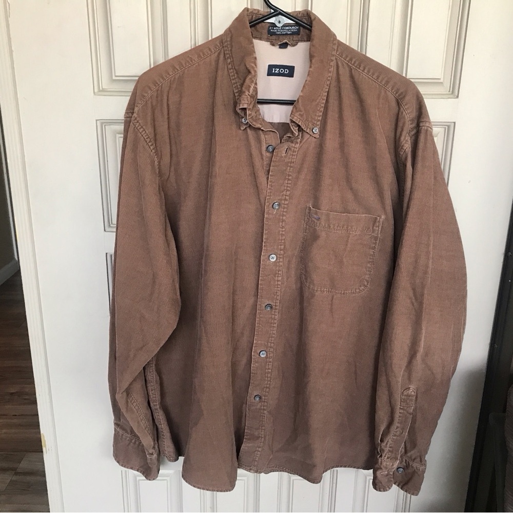 Izod 21 Wale Cordouroy Shirt Super Soft SzXL Button Down Brown Collar/Cuffs